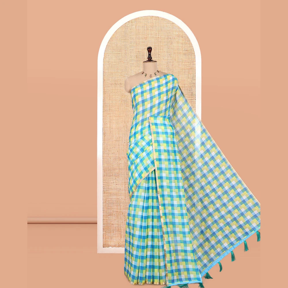 Pothys Borderless Lemon Yellow-Blue Checked Linen Cotton Saree, and Contrast Blouse